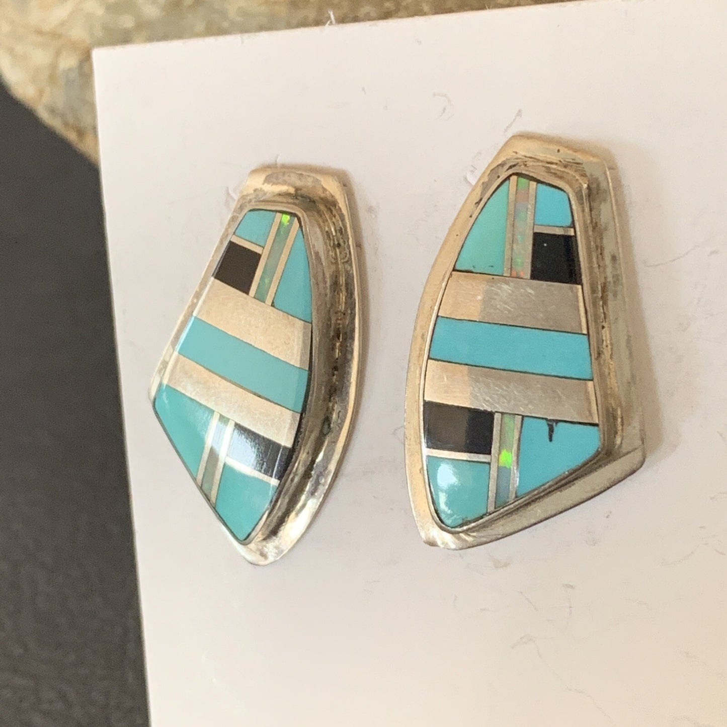 Turquoise & Onyx Inlay Zuni Sterling Silver Old Pawn Earrings 2042