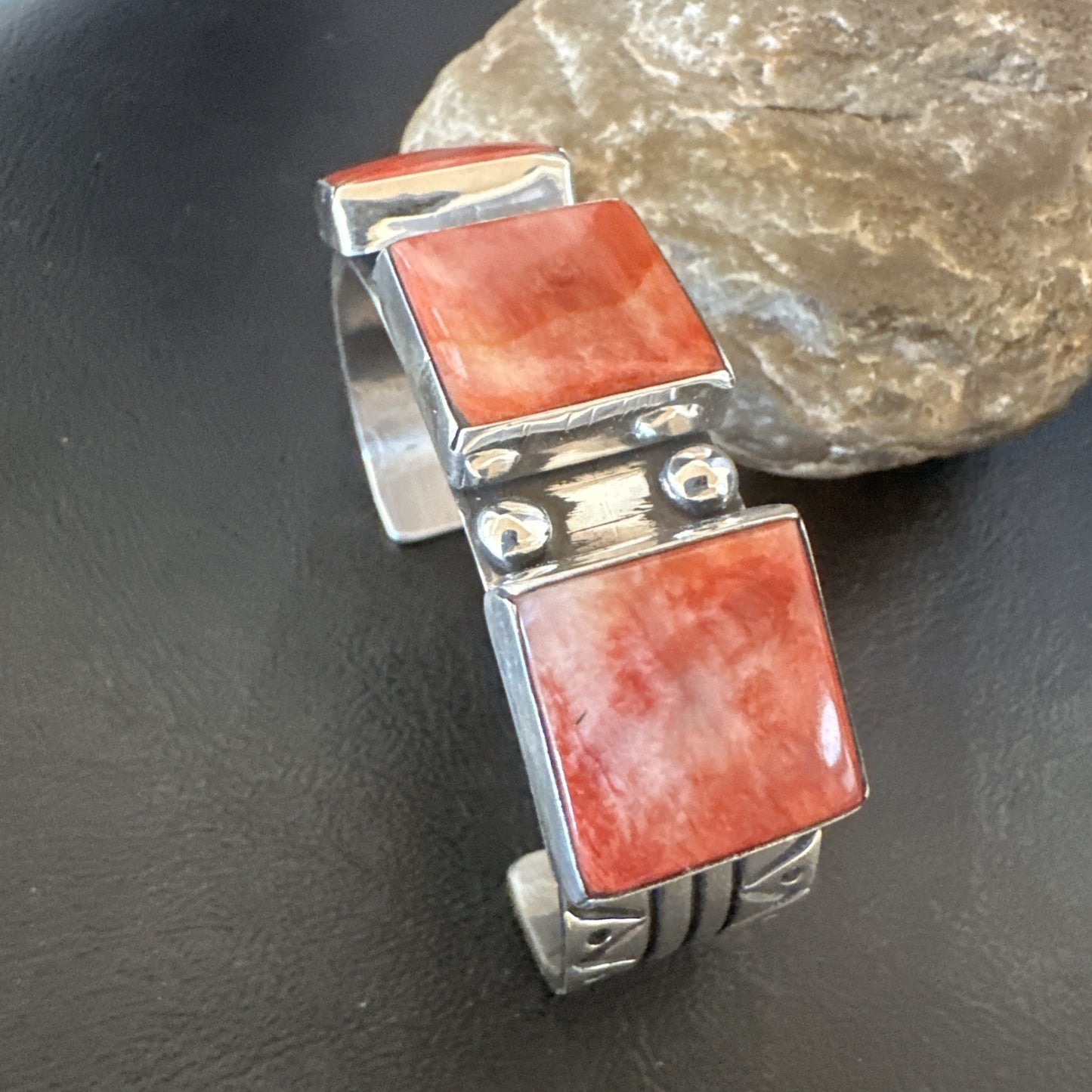 Red Spiny 3 Stone Sterling Silver Navajo Cuff Bracelet 7.7" 19487