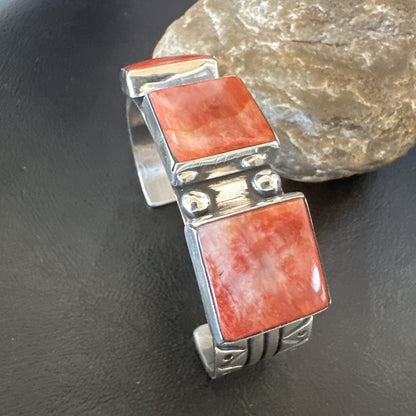 Red Spiny 3 Stone Sterling Silver Navajo Cuff Bracelet 7.7" 19487