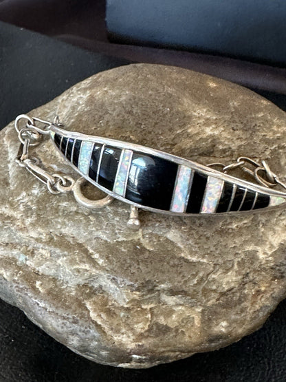Inlay Bracelet Black Onyx Navajo Old Pawn Sterling Silver Link Bracelet 7" 19793