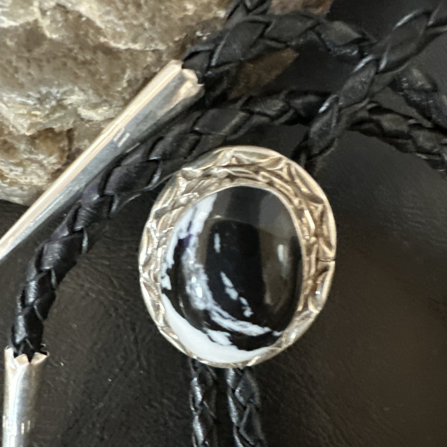 Mens BOLO TIE WHITE BUFFALO TURQUOISE Sterling Silver Navajo 1" 19123