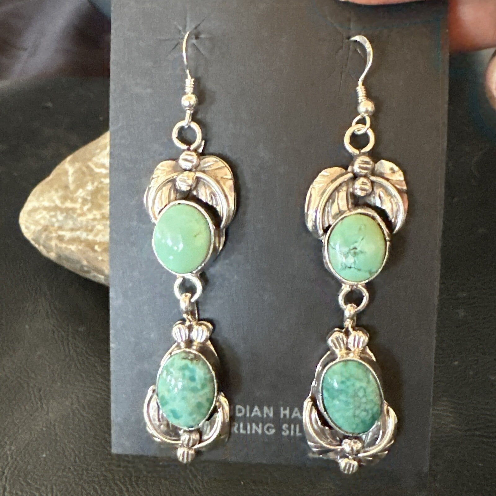 Native Navajo Green Turquoise Sterling Silver Dangle Earrings 2” 17913