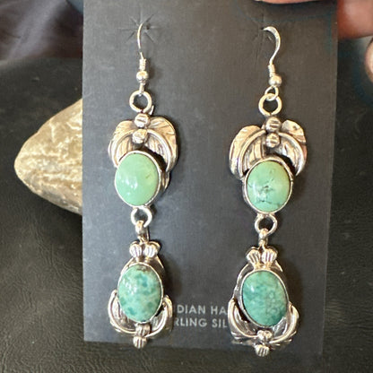 Native Navajo Green Turquoise Sterling Silver Dangle Earrings 2” 17913