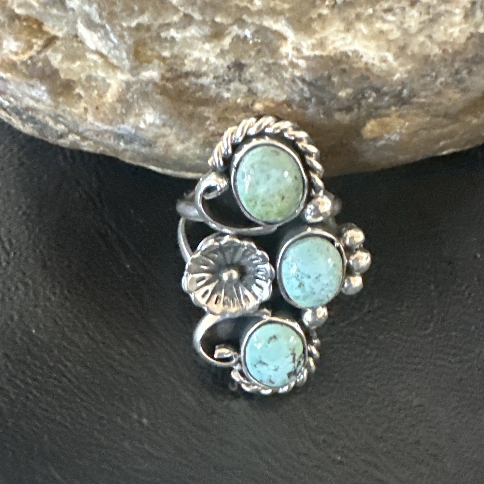 Blue Green Turquoise Navajo Sterling Silver Cluster Ring Size 8.5 19080