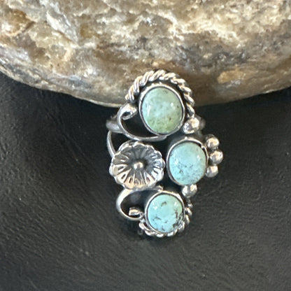 Blue Green Turquoise Navajo Sterling Silver Cluster Ring Size 8.5 19080