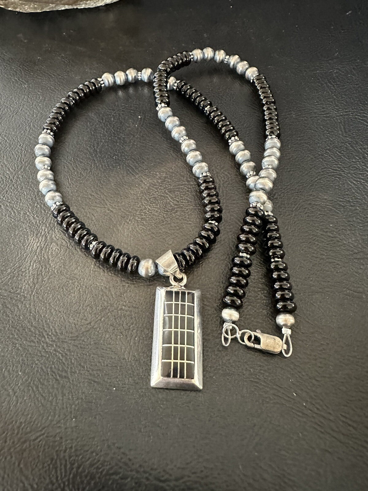 Mens Womens Black Onyx Pendant Navajo Sterling Silver Beads Necklace 18331