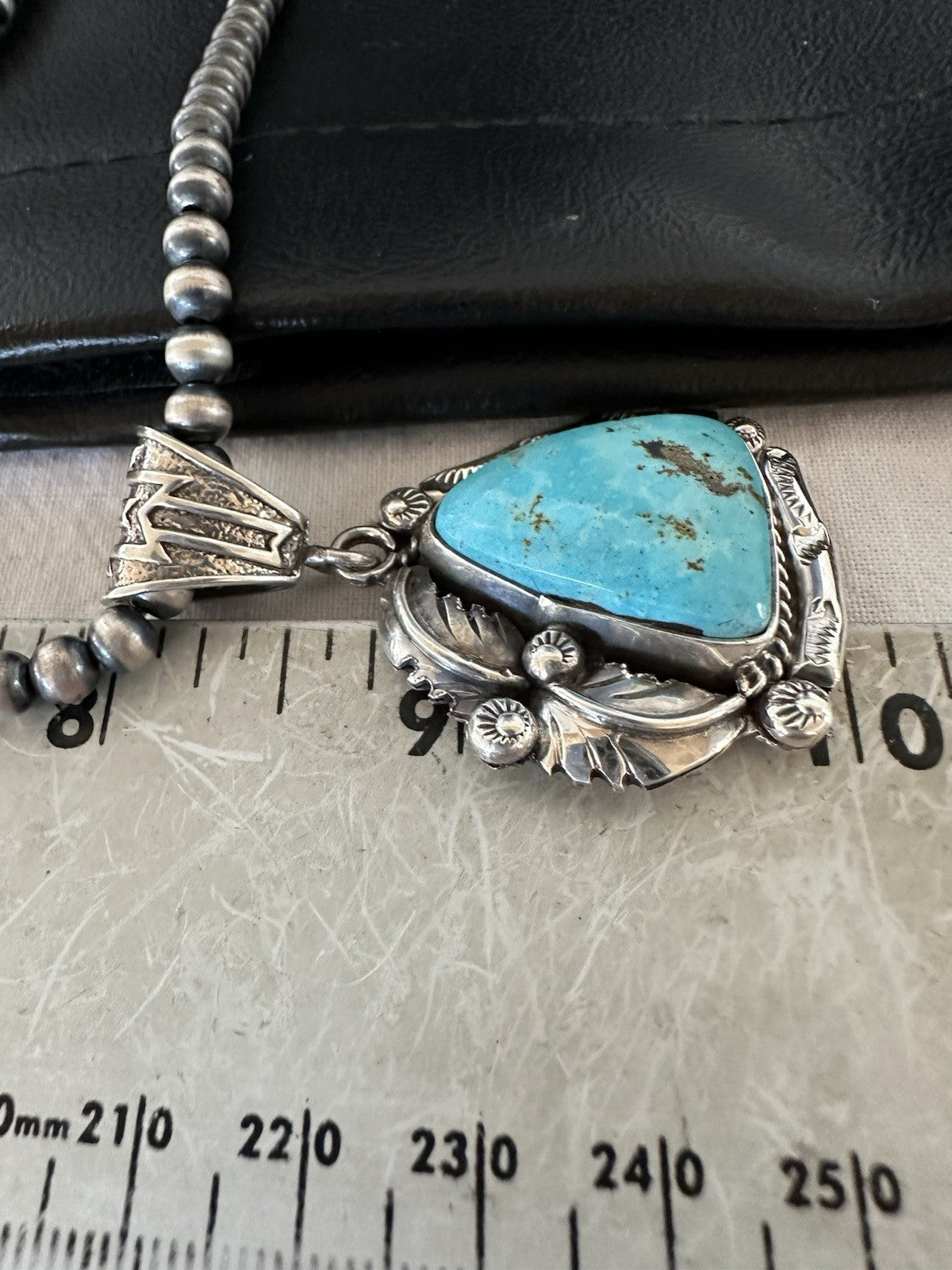 Blue Kingman Turquoise Pendant Navajo Pearls Sterling Silver Necklace 19389