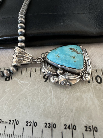 Blue Kingman Turquoise Pendant Navajo Pearls Sterling Silver Necklace 19389