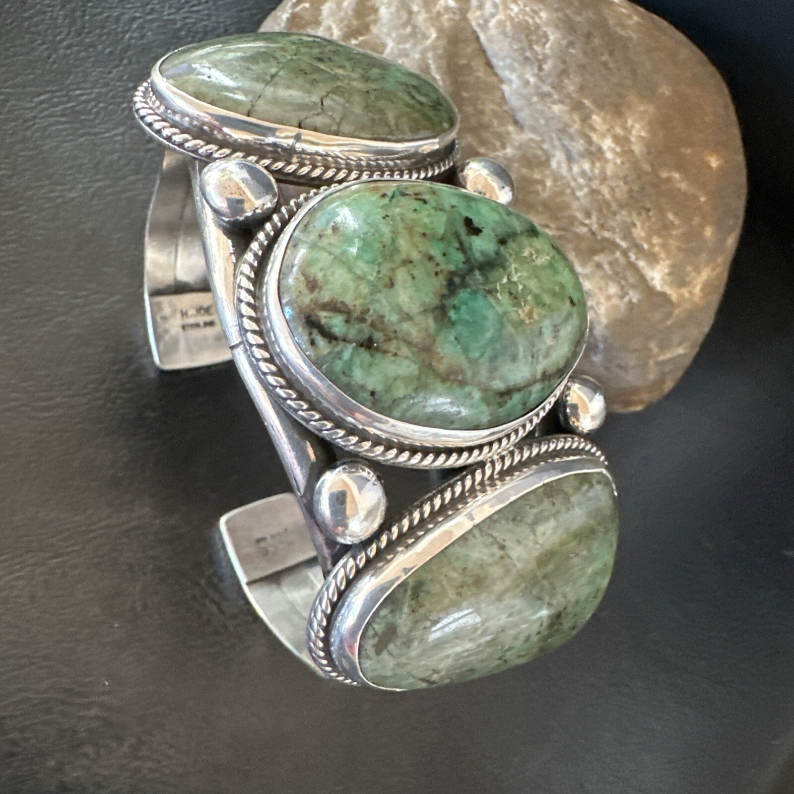 Navajo Green Royston TURQUOISE Stamped Sterling Silver Cuff Bracelet 8.5" 18718