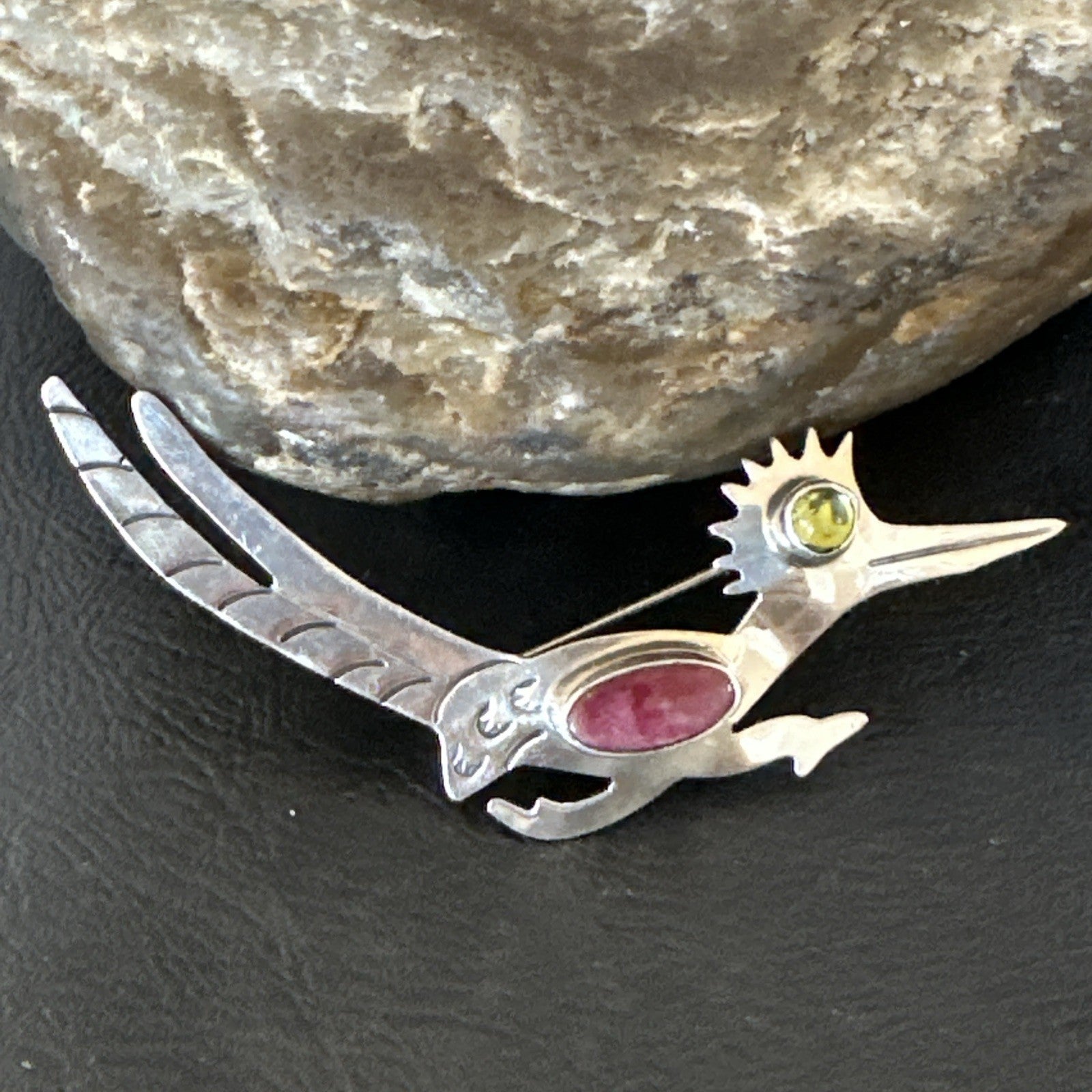 Road Runner Spiny Peridot Navajo Sterling Silver Stamped Pin Brooch 3” 19089
