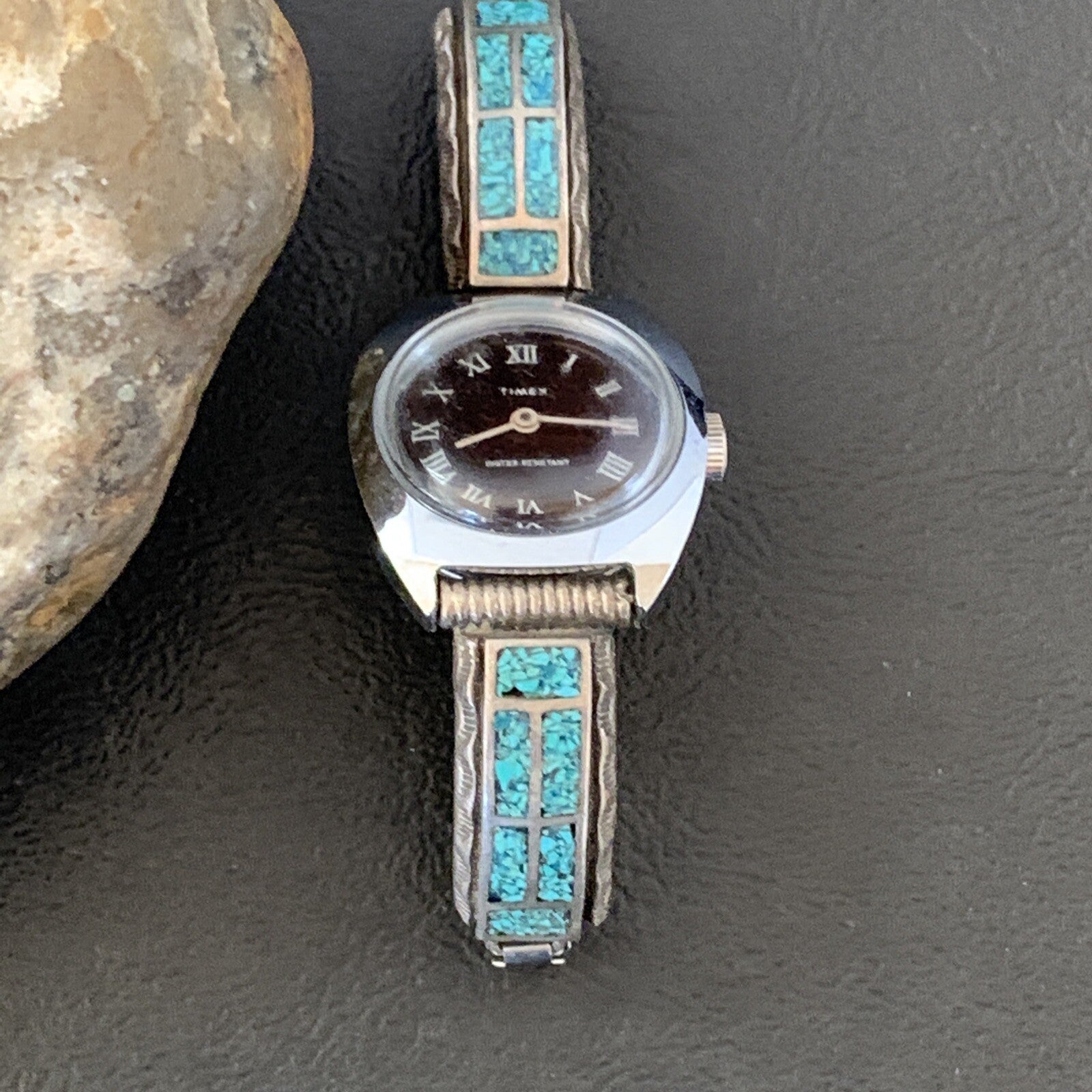 Blue Turquoise Chip Inlay Navajo Sterling Silver Old Pawn Watch Tips 1639