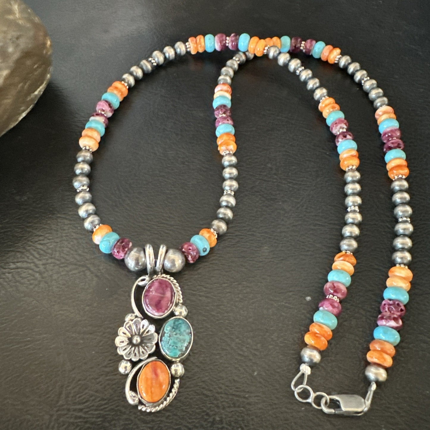 Multicolor Turquoise Spiny Navajo Sterling Silver Cluster Pendant Necklace 19642