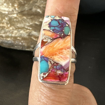 Blue Turquoise Orange Spiny Oyster Navajo Sterling Silver Ring Size 8 18219
