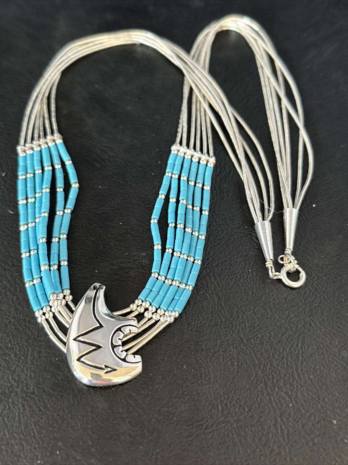 Bear Pendant Turquoise 5 Strand Heishi Liquid Sterling Silver Necklace 14822