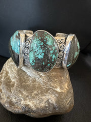 Men's Blue Spiderweb Turquoise Navajo Cuff Bracelet 7.25" | Sterling Silver | Authentic Native American Handmade | 19435