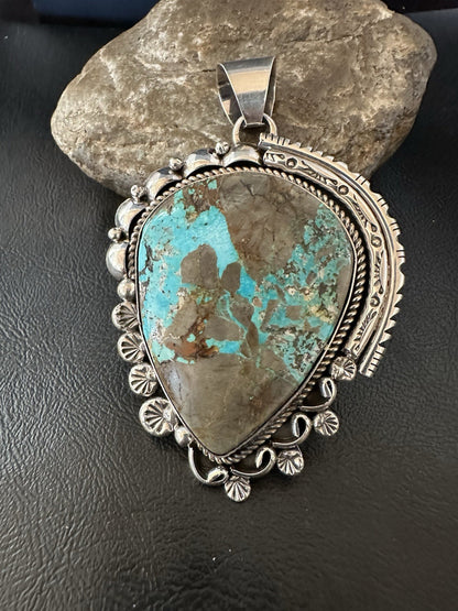 XXL Men Women Blue Turquoise Sterling Silver Pendant Navajo 19529