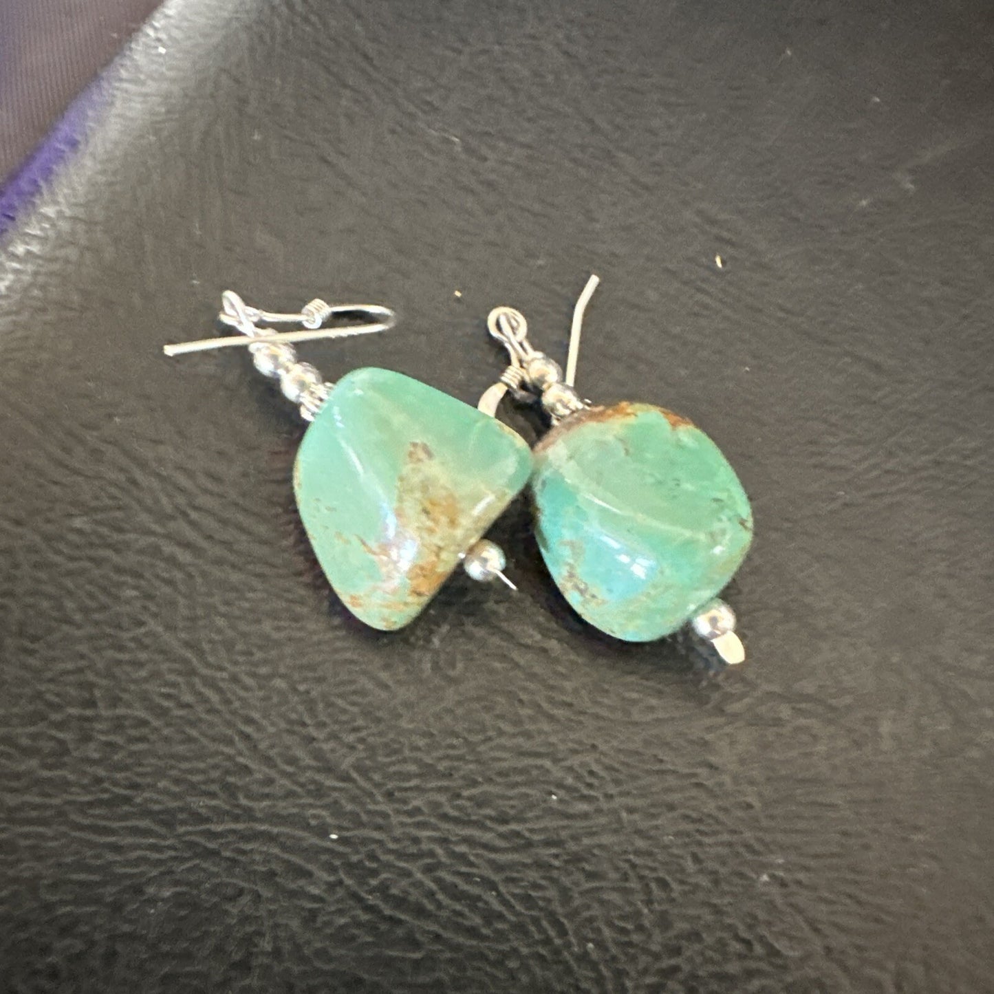 Green Turquoise Nugget Sterling Silver Beads Navajo Earrings 1" 17868