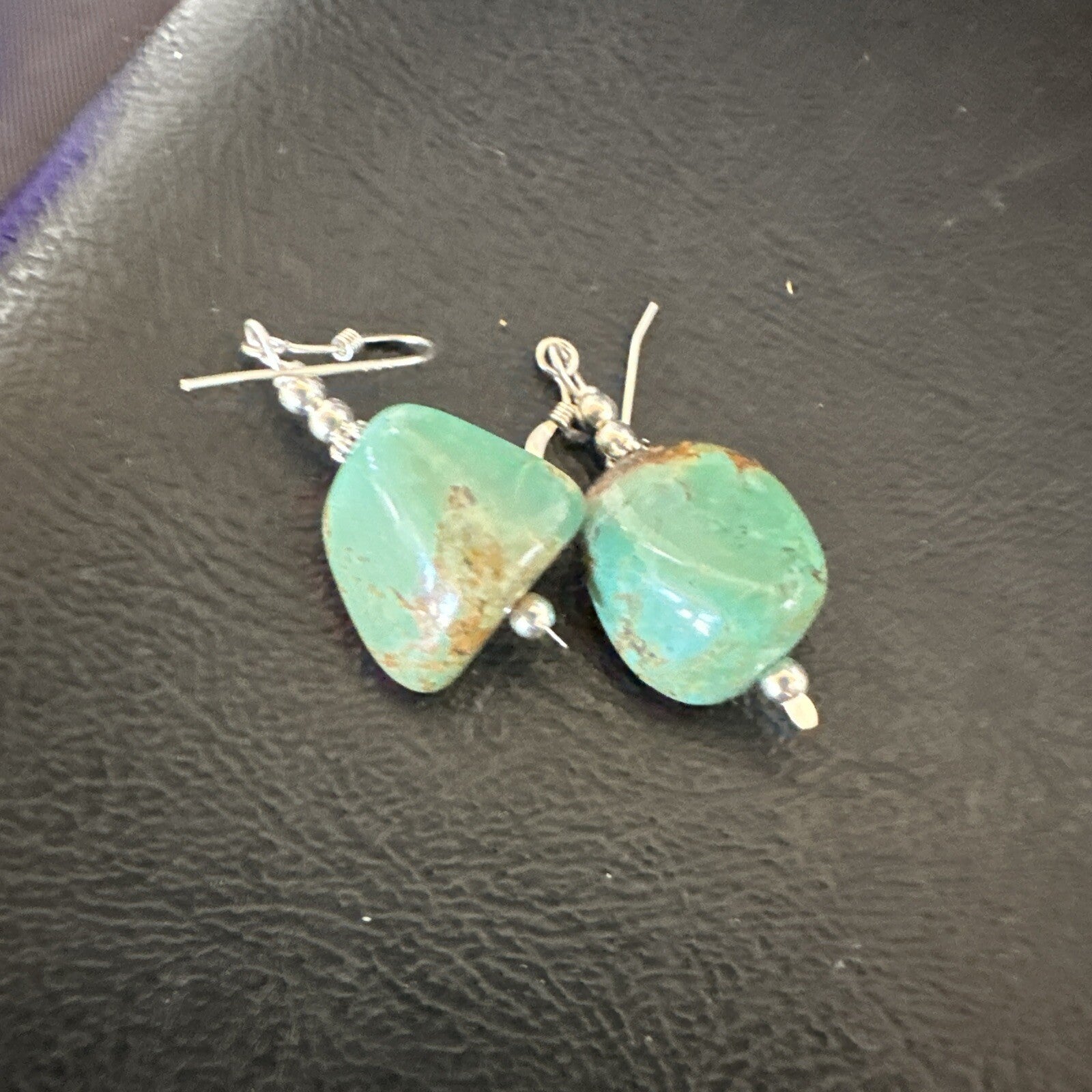 Green Turquoise Nugget Sterling Silver Beads Navajo Earrings 1" 17868