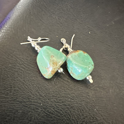 Green Turquoise Nugget Sterling Silver Beads Navajo Earrings 1" 17868