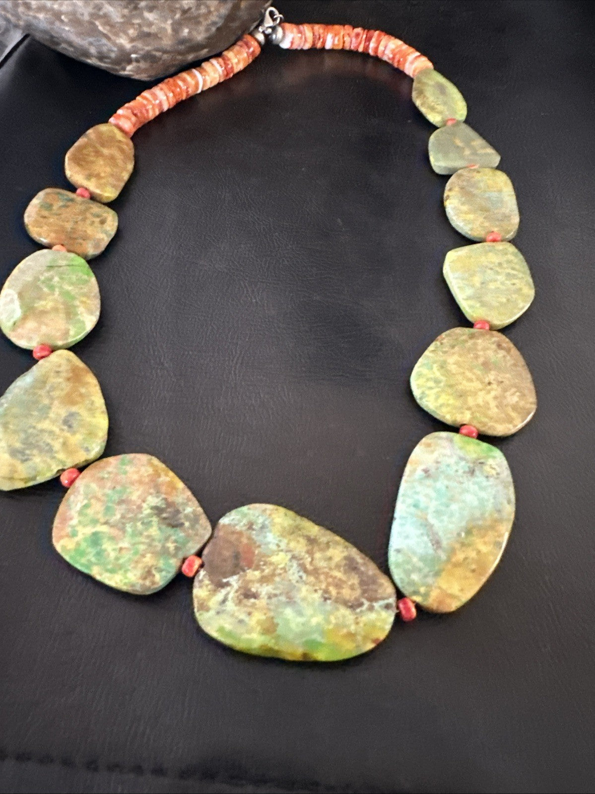 Rare Green Turquoise Orange Spiny Navajo Sterling Silver Necklace 19317