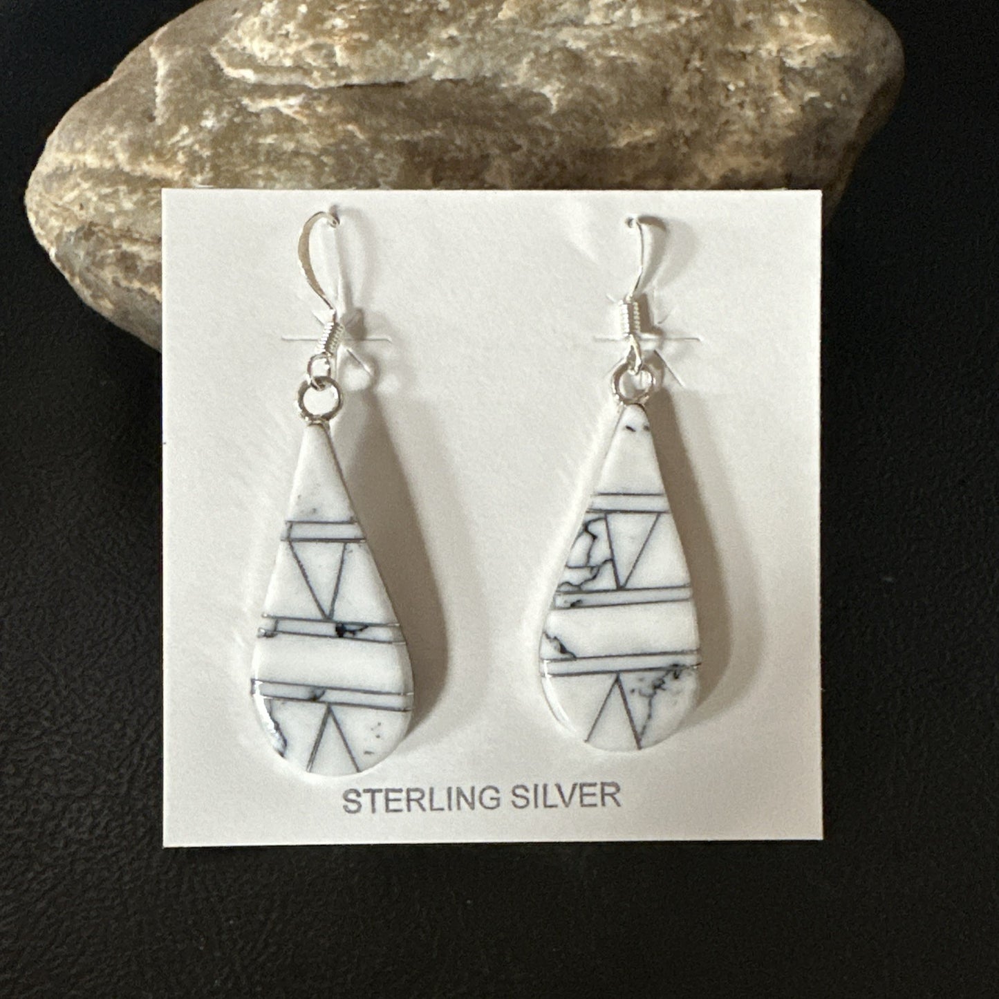White Howlite Dangle Inlay Navajo Sterling Silver Earrings 19264