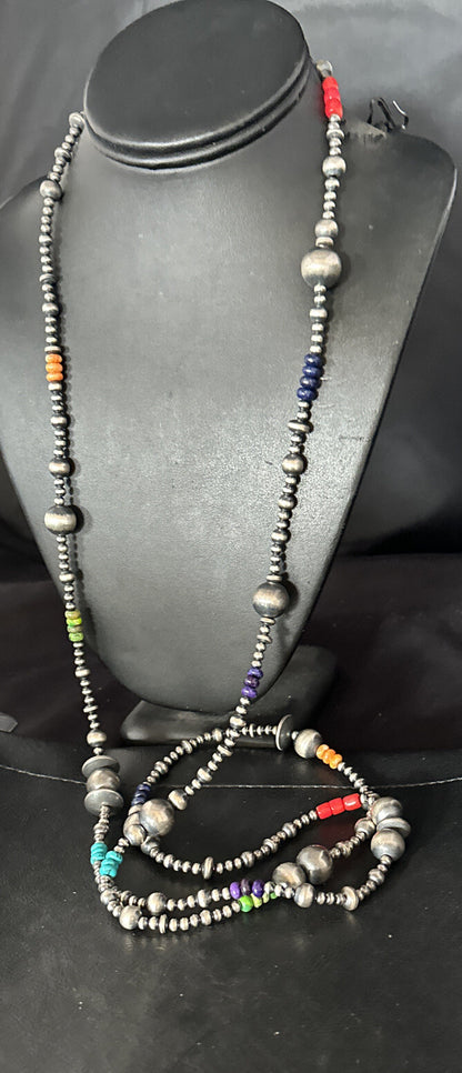 Turquoise Coral & Spiny Oyster Navajo Pearls Sterling Silver Bead Necklace 48"