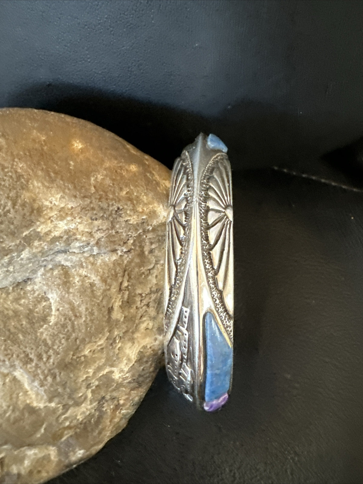 Mens  Purple Stone Lapis Navajo Sterling Silver Tufa Cast Cuff Bracelet 18146