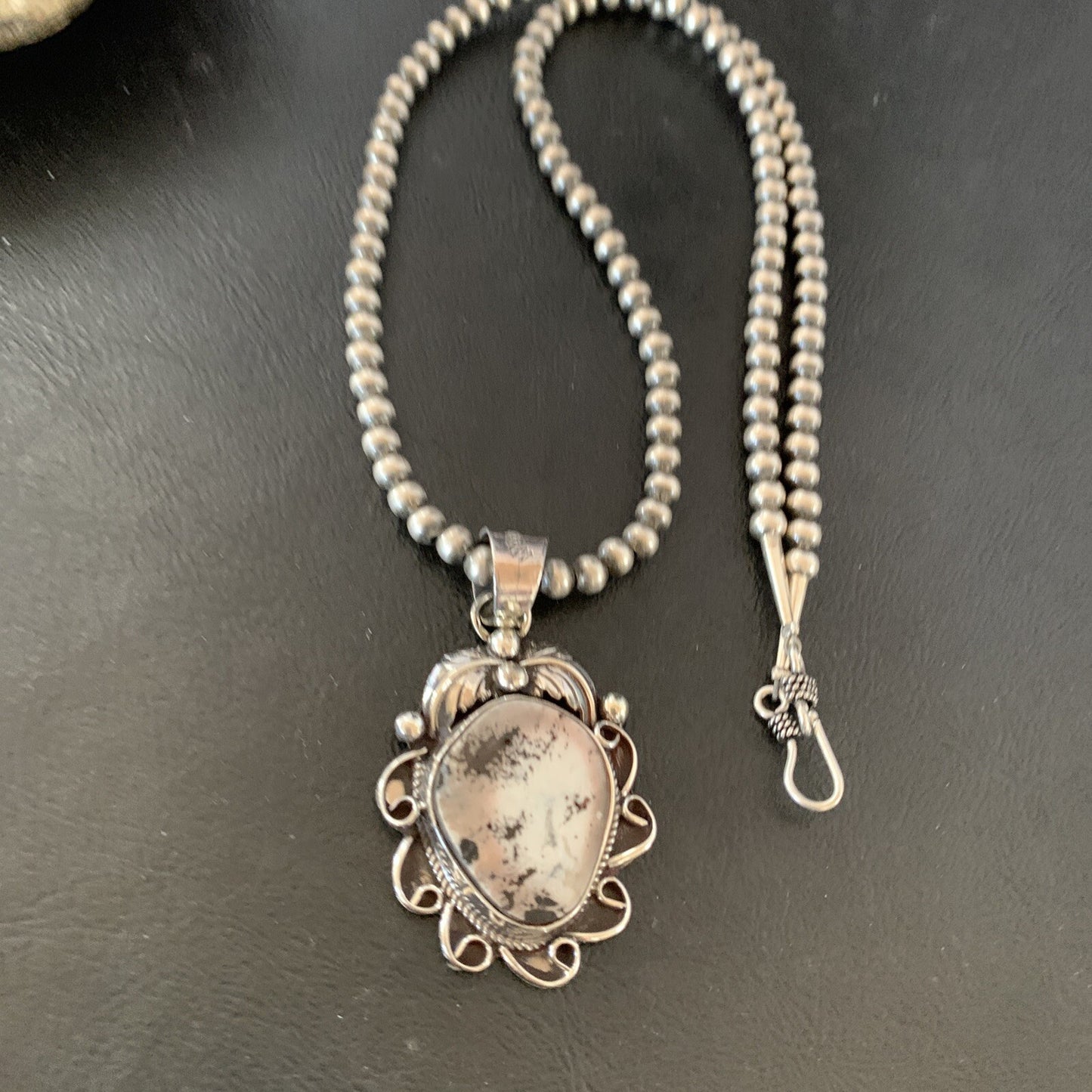 White Buffalo Turquoise Pendant  Sterling Silver Beads Necklace 11129