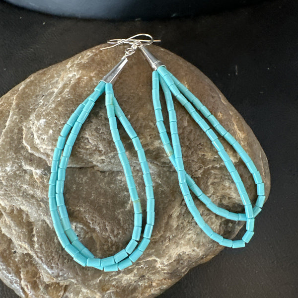 Blue Turquoise Heishi 2 Strand Dangle Earrings 3" | Sterling Silver | Authentic Native American Handmade | 19039