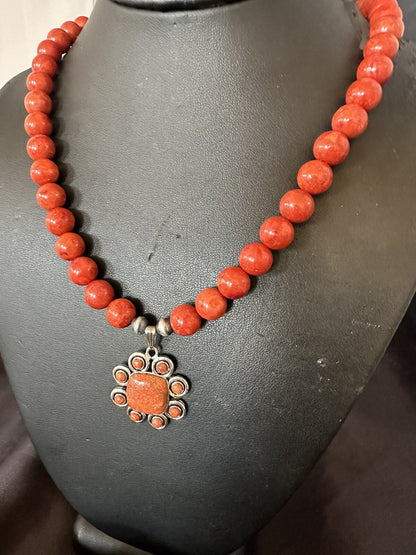 Navajo Apple Sponge Coral Sterling Silver Necklace Pendant 18327