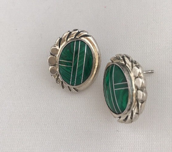 Green Malachite Southwetsern Navajo Sterling Silver Inlay Earrings 01987