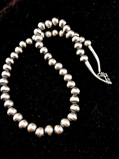 Native American 12mm Sterling Silver Navajo Pearls 24" Hook & Eye Cone Necklace