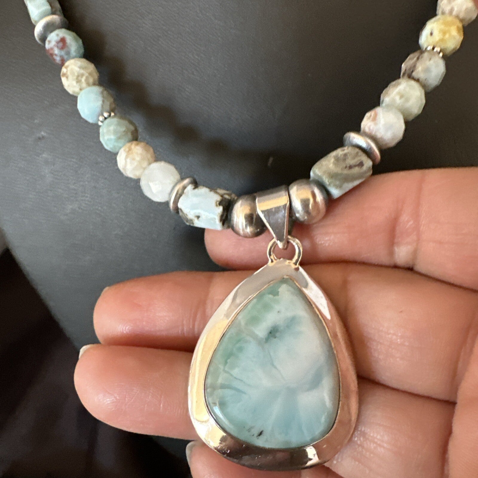Blue Larimar Pendant Navajo Sterling Silver Natural Necklace 21" 17759