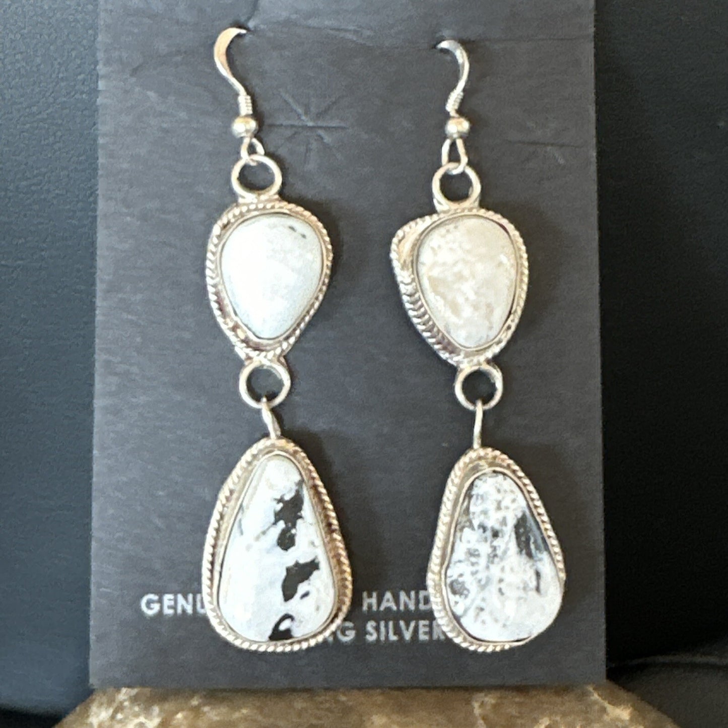 Womens White Buffalo Turquoise Navajo Sterling Silver Dangle Earrings 2” 17962