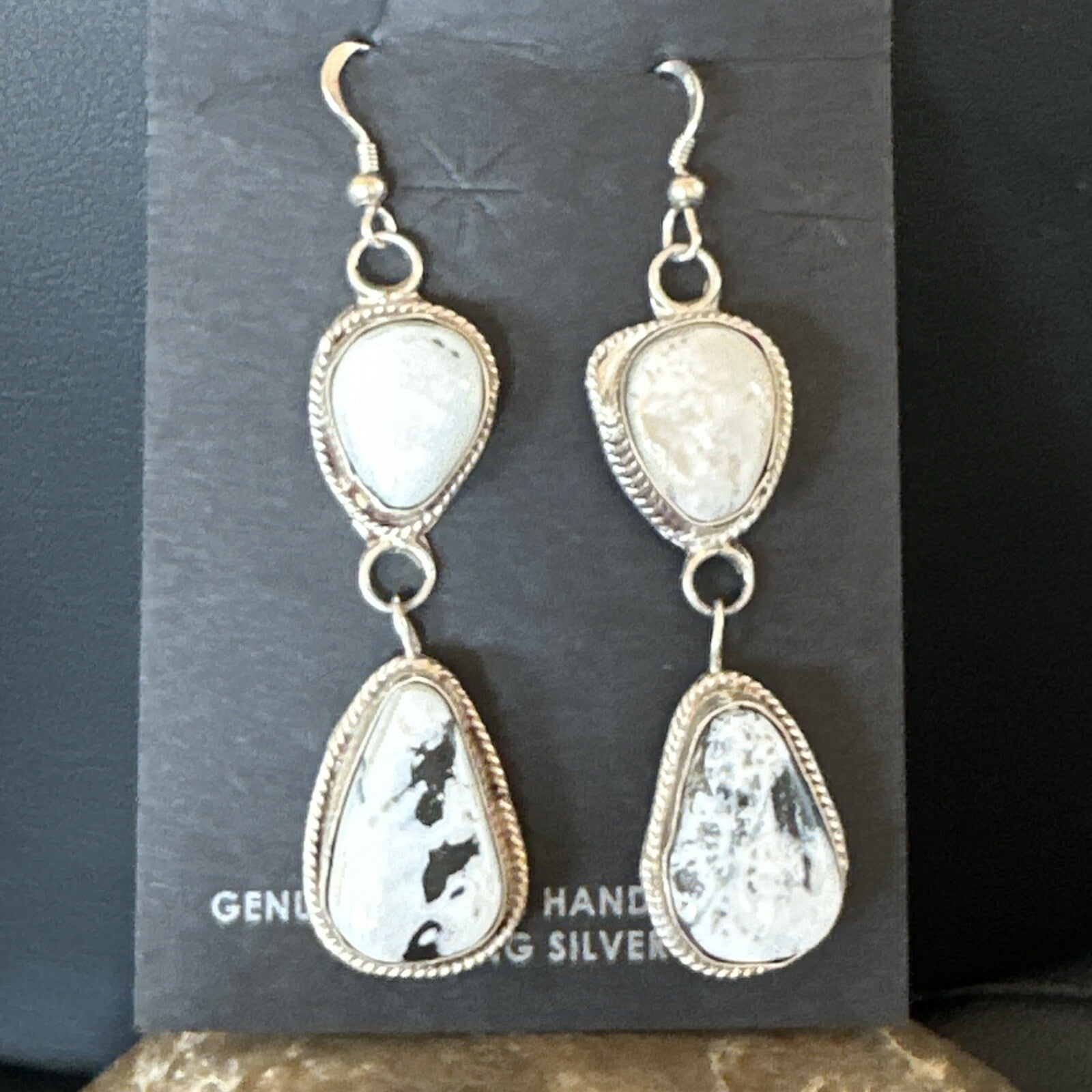 Womens White Buffalo Turquoise Navajo Sterling Silver Dangle Earrings 2” 17962