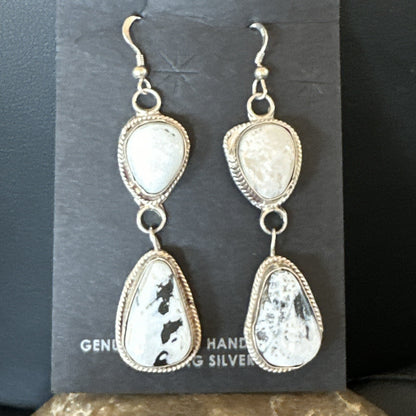 Womens White Buffalo Turquoise Navajo Sterling Silver Dangle Earrings 2” 17962
