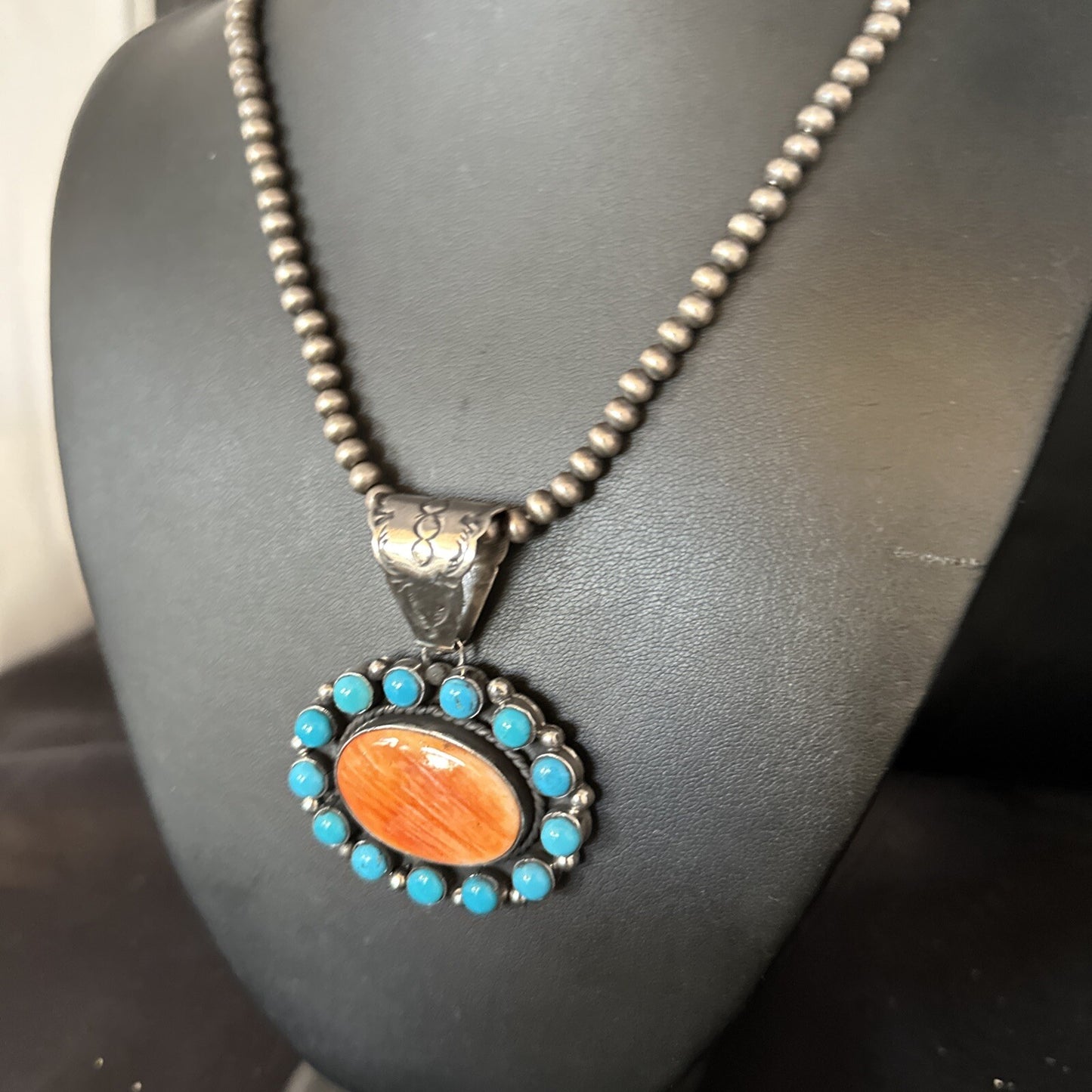 Blue Cluster Kingman Turquoise Sterling Orange Spiny Oyster Pendant 14353