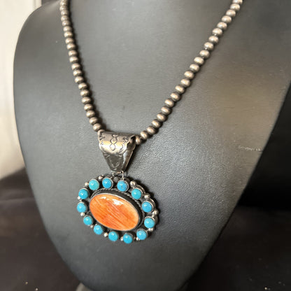 Blue Cluster Kingman Turquoise Sterling Orange Spiny Oyster Pendant 14353