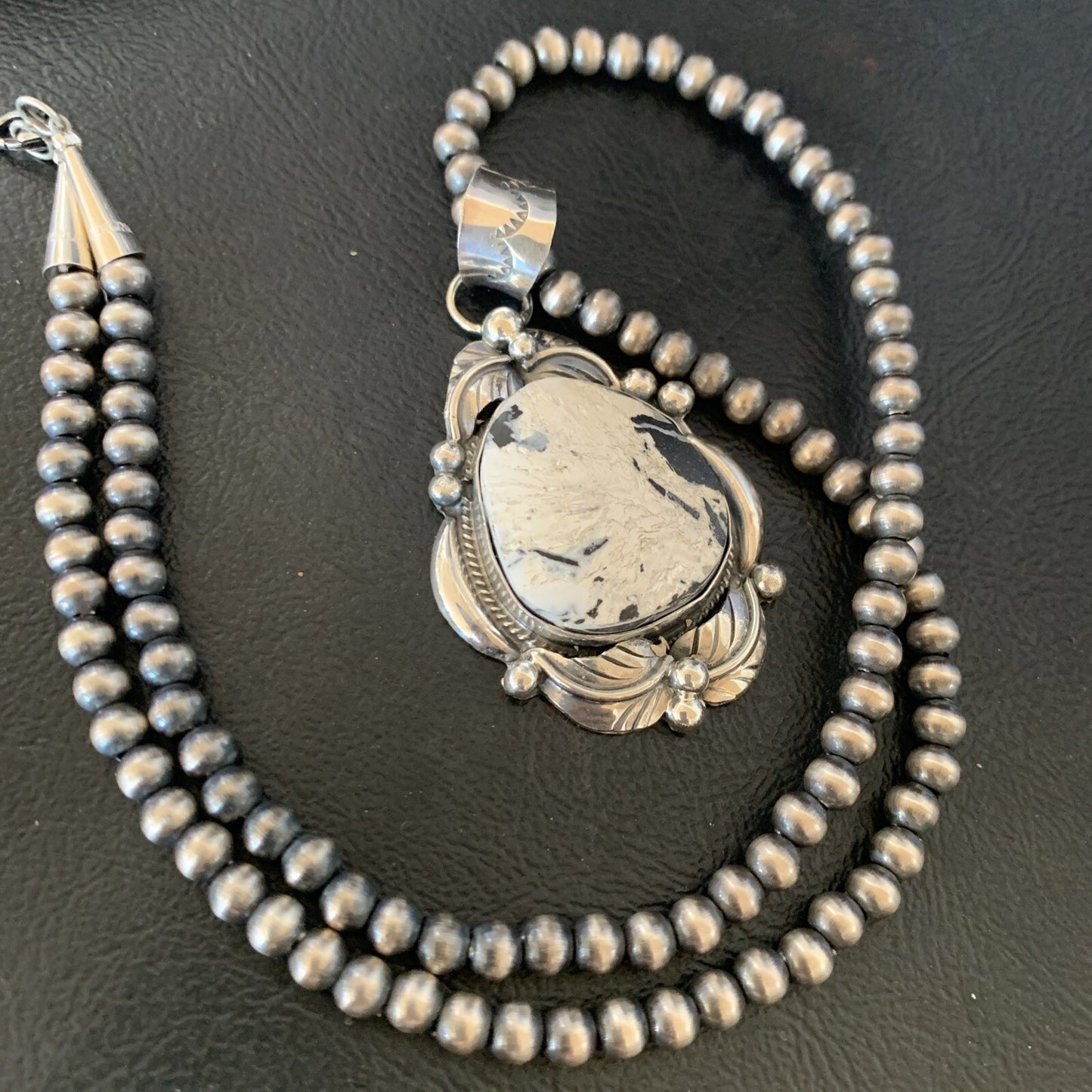 Men White Buffalo Turquoise Pendant Sterling Silver Beads Necklace 12670N