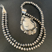 Men White Buffalo Turquoise Pendant Beads Necklace 12670N | Sterling Silver | Authentic Native American Handmade
