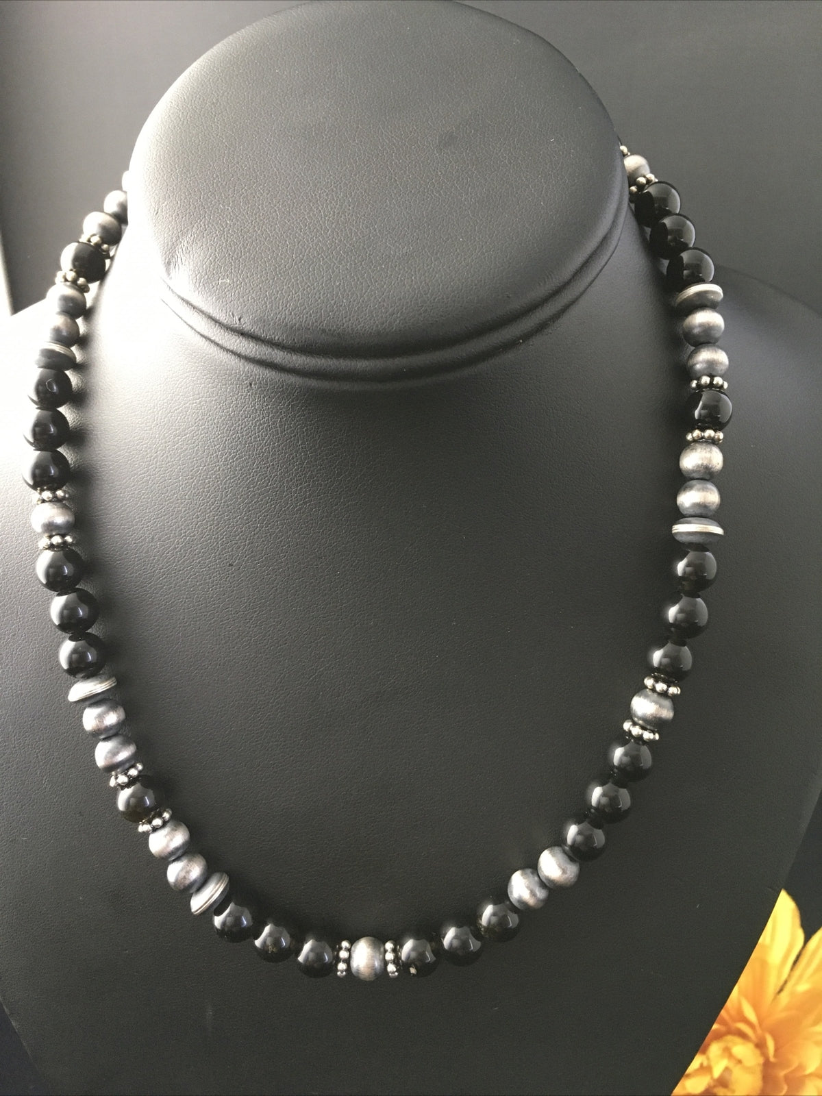 Mens Black Onyx Navajo Sterling Silver Bead Necklace 1743
