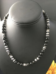 Men's Black Onyx Navajo Bead Necklace | Sterling Silver | Authentic Native American Handmade | 1743