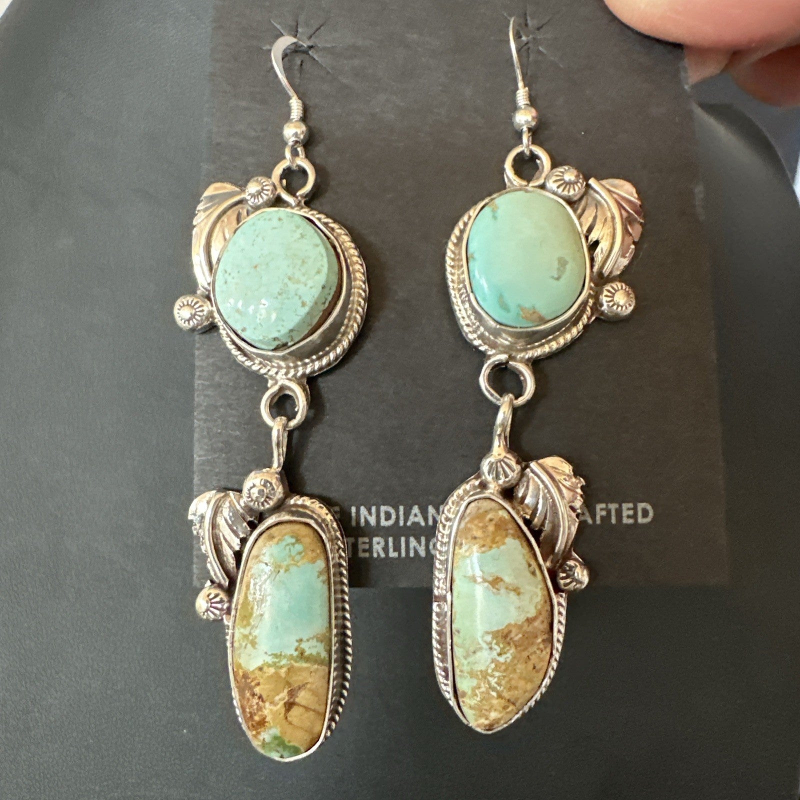 Green Royston Turquoise Navajo Sterling Silver Dangle Earrings 19601