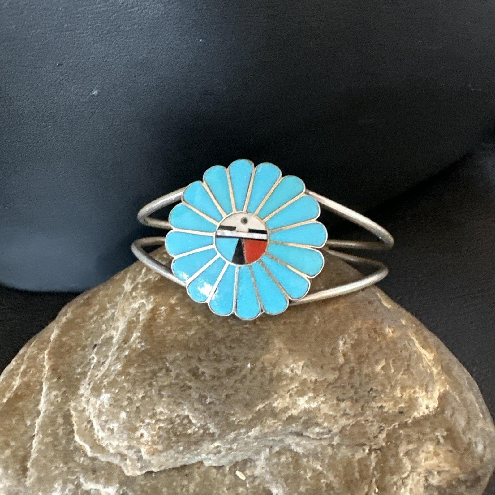Old Pawn Sunface Turquoise Zuni Sterling Silver Onyx Bracelet 6.5” 19129