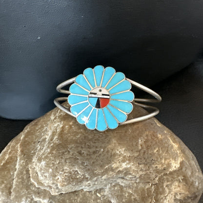 Old Pawn Sunface Turquoise Zuni Sterling Silver Onyx Bracelet 6.5” 19129