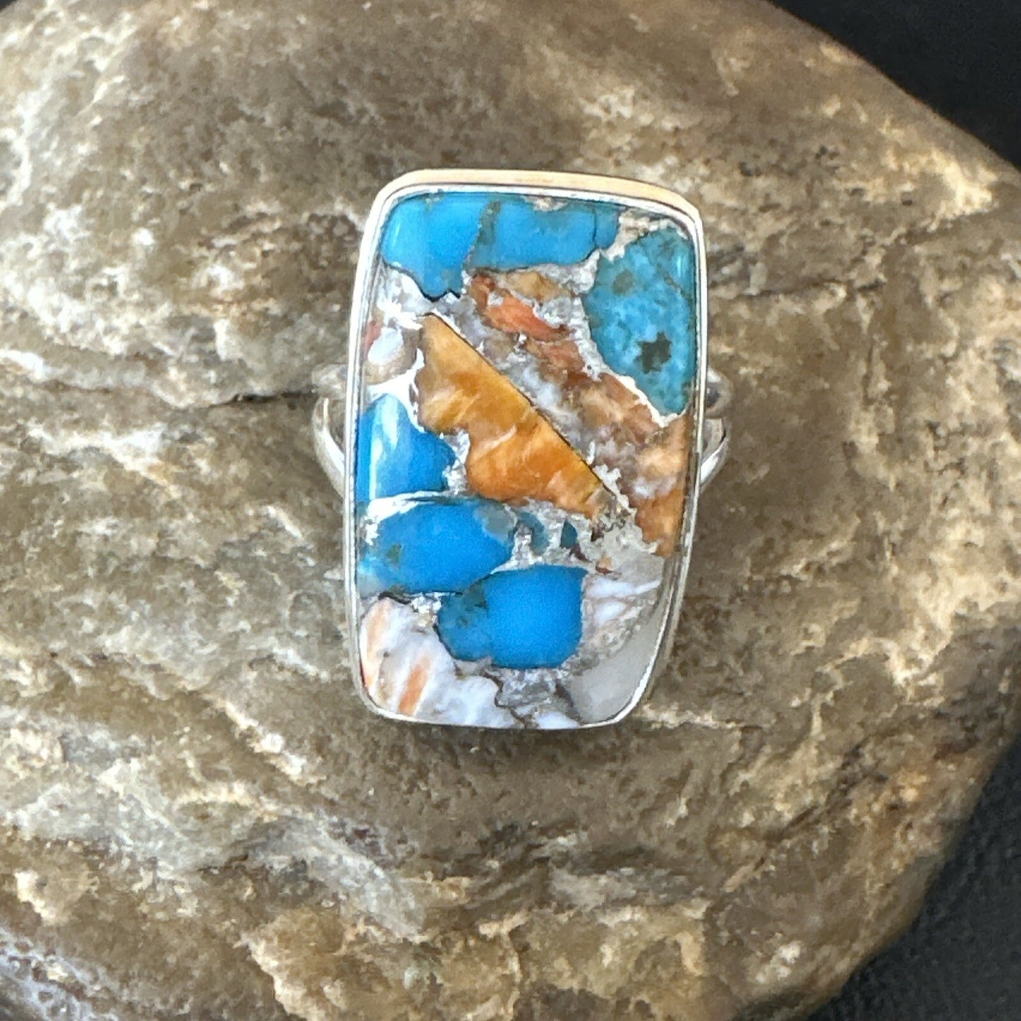 Blue Turquoise Spiny Oyster Southwestern Sterling Silver Ring Size 11 18452