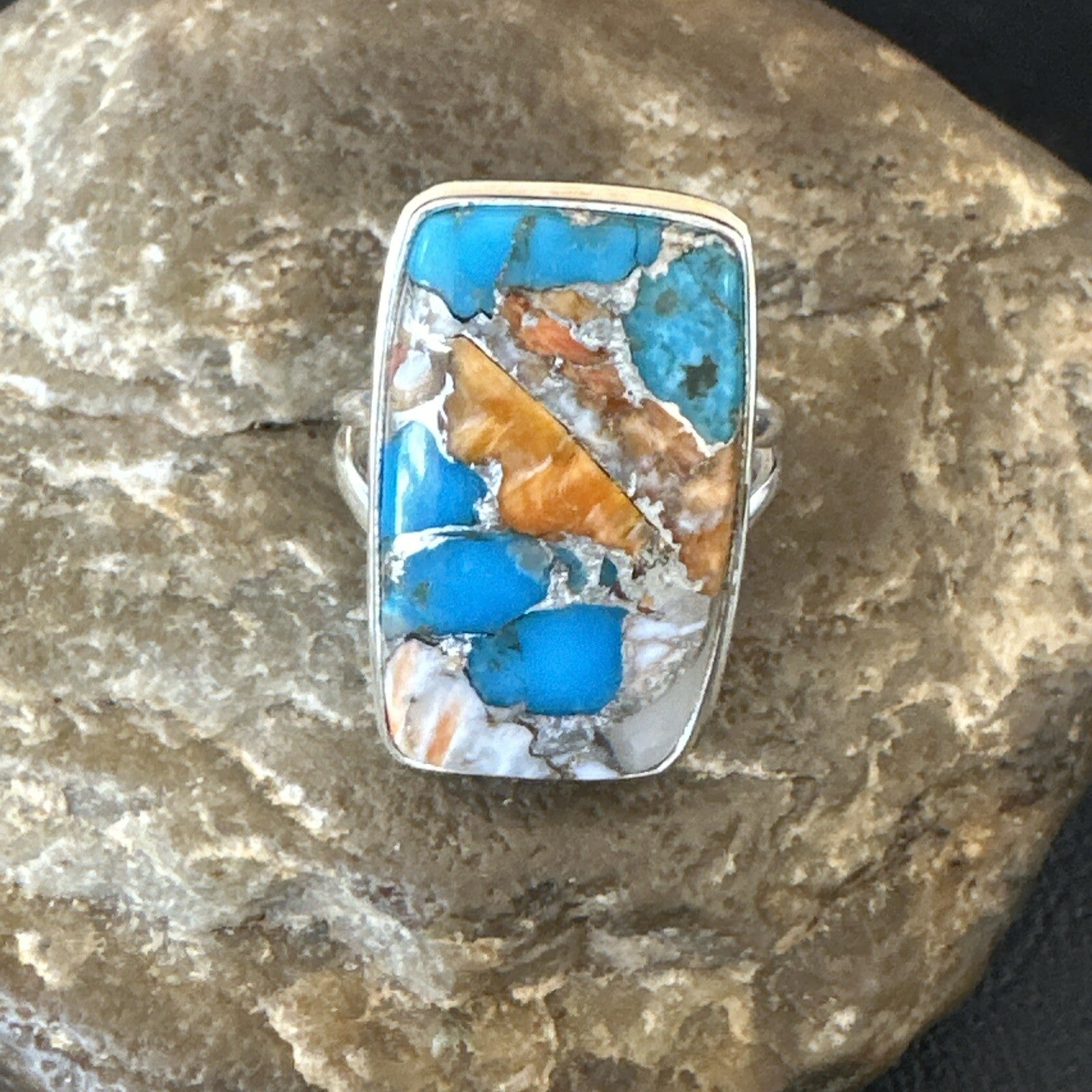 Blue Turquoise Spiny Oyster Southwestern Sterling Silver Ring Size 11 18452