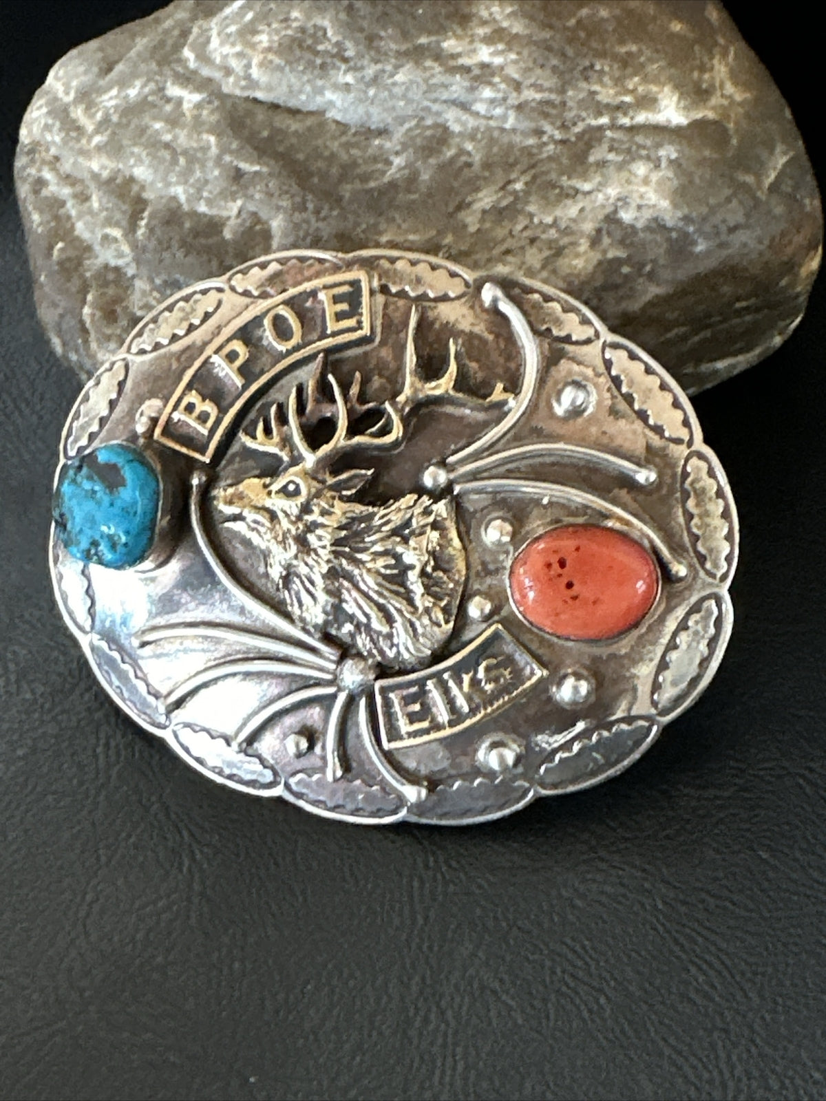 Elk Blue Turquoise Coral Navajo Sterling Silver Concho Belt Buckle 17972