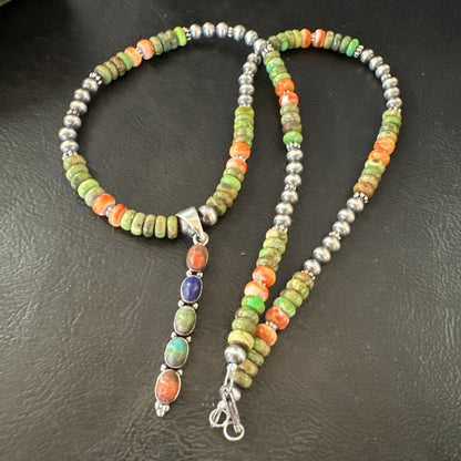 Feather Multicolor Turquoise Pendant Navajo Sterling Silver Necklace 18733