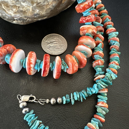 XL Red Spiny Oyster Blue Turquoise Navajo Sterling Silver Necklace 35" 18266